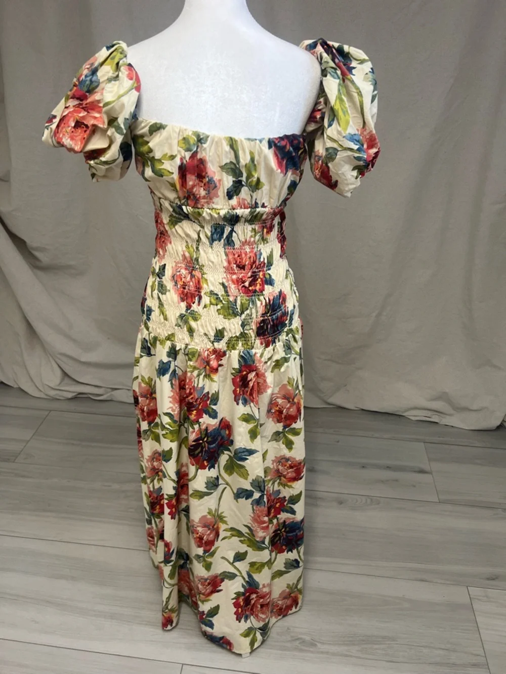 Anthropologie Floral Maxi Dress Puff Sleeve Smocked Sz XS Cottagecore Boho Cream - Picture 7 of 11